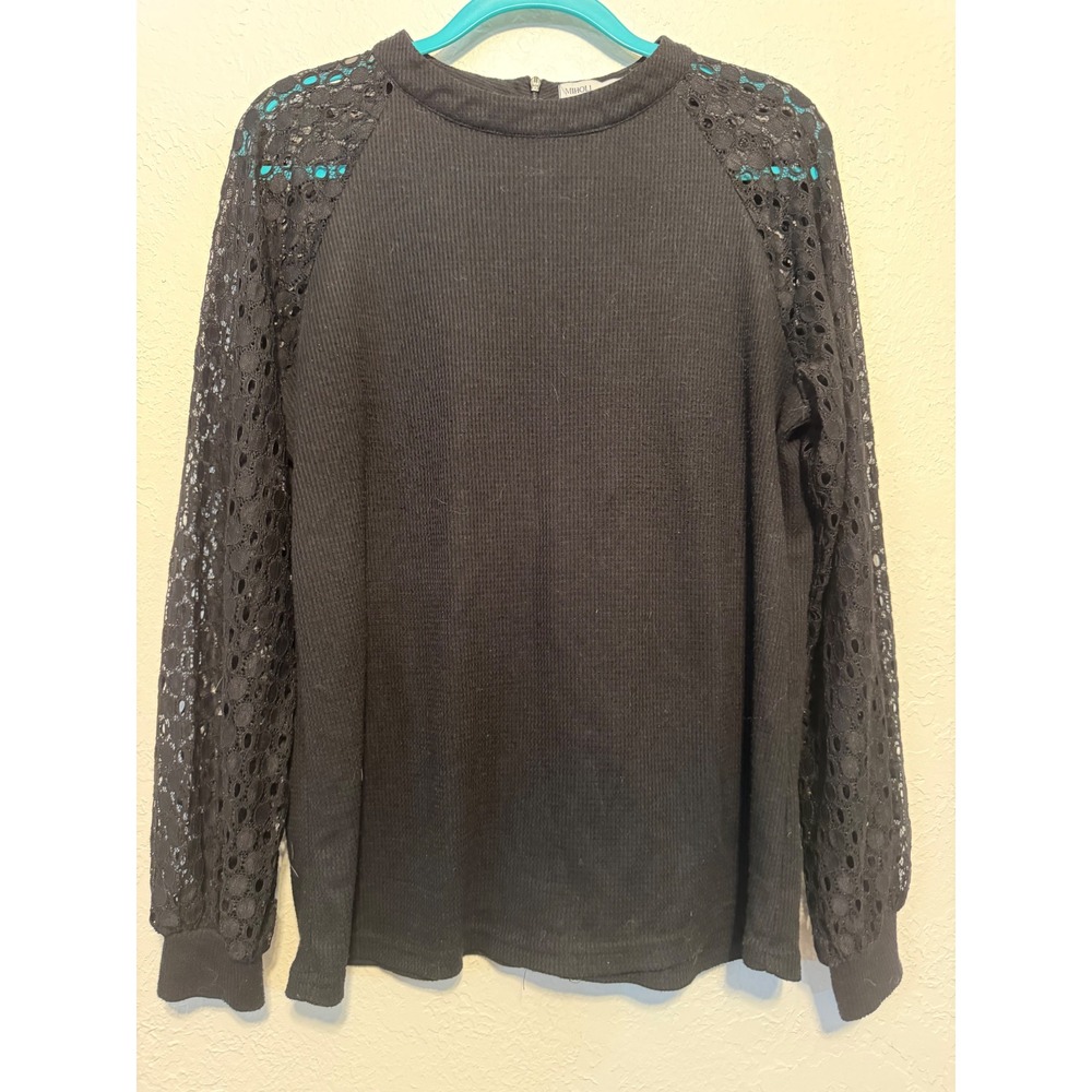 Miholl Black Waffle Knit Top Floral Lace Long Sleeve Crew Neck Large A0D20922